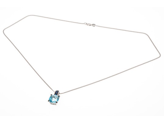 14K White Gold Necklace With 10K, Topaz And Sapphire Pendant
