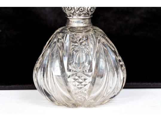 Pretty Antique English Sterling Silver And Cut Crystal Perfume Bottle, Circa 1902