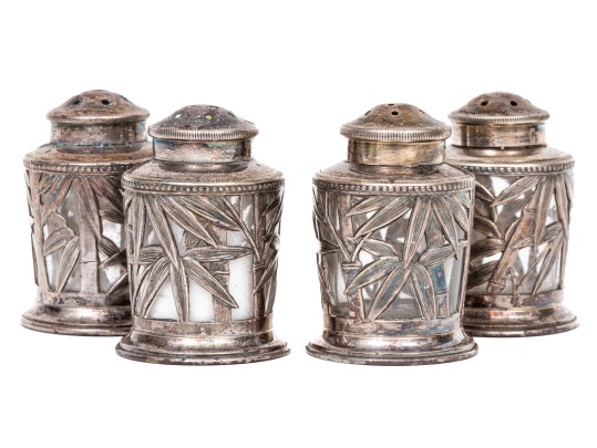 Four Sterling And Glass Bamboo Spice Shakers