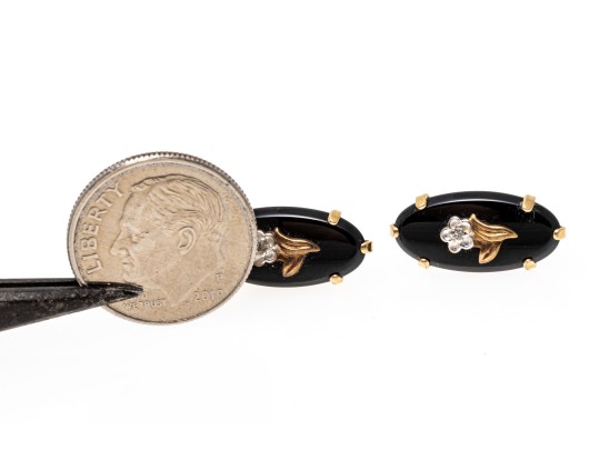 14k Yellow Gold Handsome Oval Black Onyx And Floral Motif Earrings