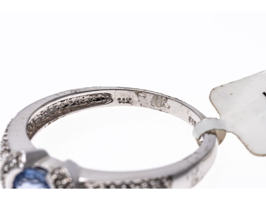 14k White Gold Contemporary Pale Blue Sapphire And Pave Set Diamond Ring, 0.19 TCW, Size 7