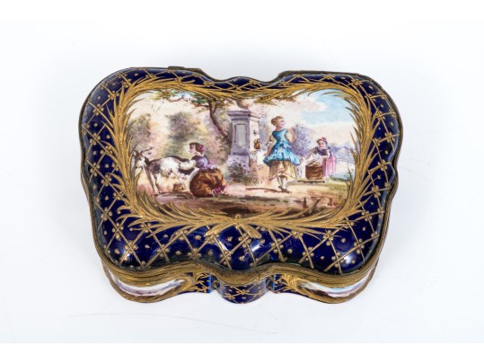 Antique Sevres Cobalt Blue Lattice Patterned Box With Village Scenes And Panels, Circa 1772