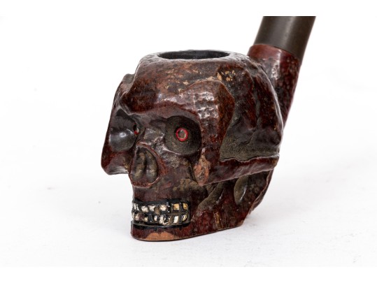 Unique Antique Folk Art Skull Motif Wooden Pipe, Painted Eyes