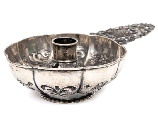 835 Antique Dutch Silver Repousse Bowl With Added Candlestick And Handle