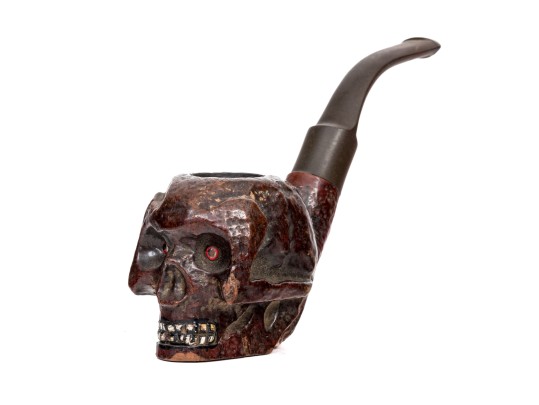 Unique Antique Folk Art Skull Motif Wooden Pipe, Painted Eyes
