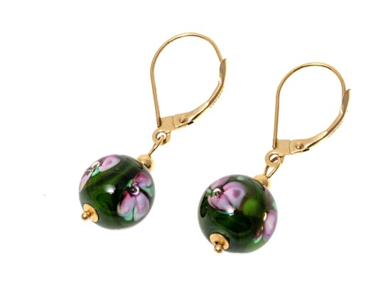 14k Yellow Gold Pretty Round Glass Ball Drop Earrings