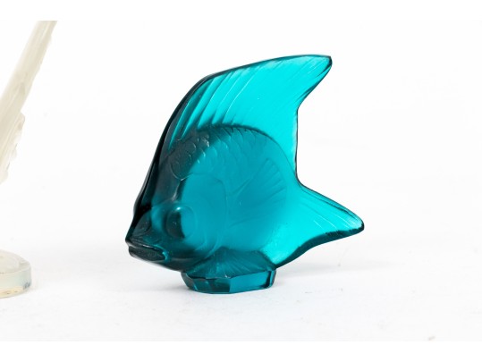 Charming Blue Green Lalique Fish, Boxed, With Sabino Iridescent Glass Butterfly