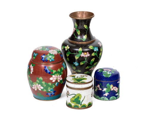 Lot Of Four Striking Vintage Chinese Cloisonne Pieces, Including A Ginger Jar