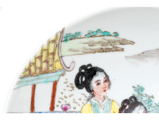 Beautiful Famille Rose Pedestal Bowl With Maidens In An Architectural Landscape