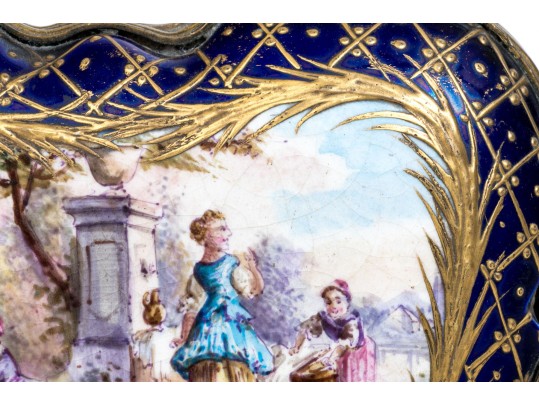 Antique Sevres Cobalt Blue Lattice Patterned Box With Village Scenes And Panels, Circa 1772