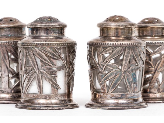 Four Sterling And Glass Bamboo Spice Shakers