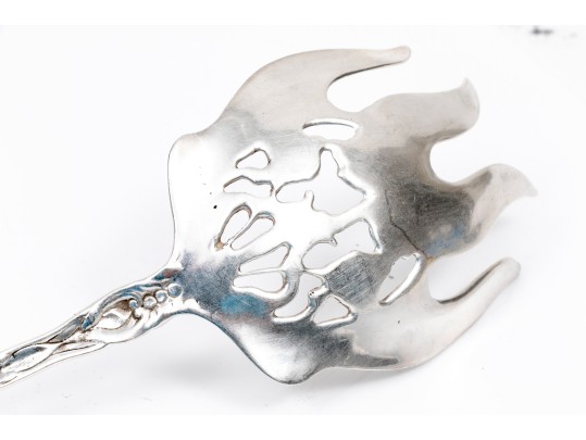 Sterling Silver Lovely Vintage Pierced Flower Motif Serving Fork And Spoon