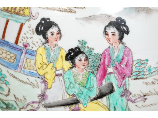 Beautiful Famille Rose Pedestal Bowl With Maidens In An Architectural Landscape