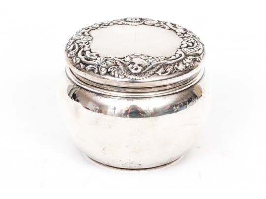 Bigelow & Kennard Beautiful Antique Sterling Silver Powder Jar, Cherub Motifs