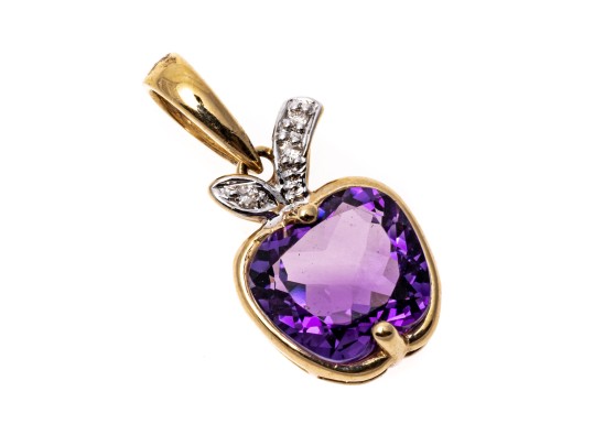 14k Yellow Gold Fun Apple Shaped Amethyst And Diamond Pendant