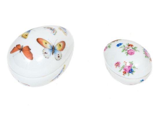 Pair Of Egg Shaped Porcelain Boxes, Marked Limoges, France