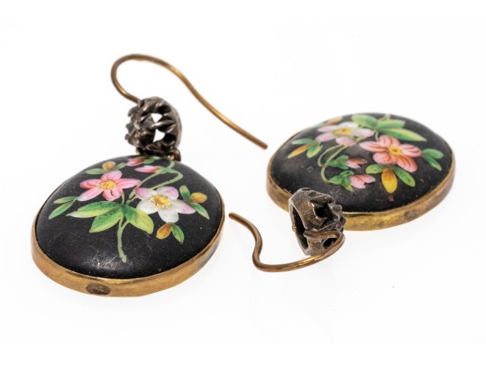 14k Two Tone Antique Rose Cut Diamond And Porcelain Flower Motif Drop Earrings