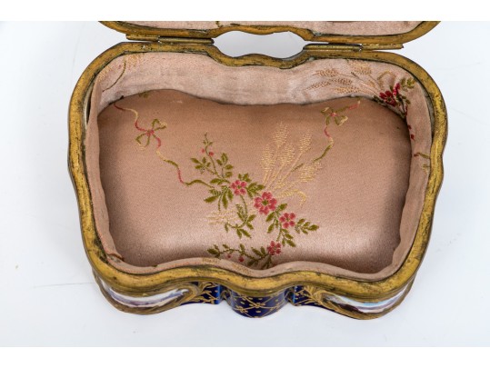 Antique Sevres Cobalt Blue Lattice Patterned Box With Village Scenes And Panels, Circa 1772