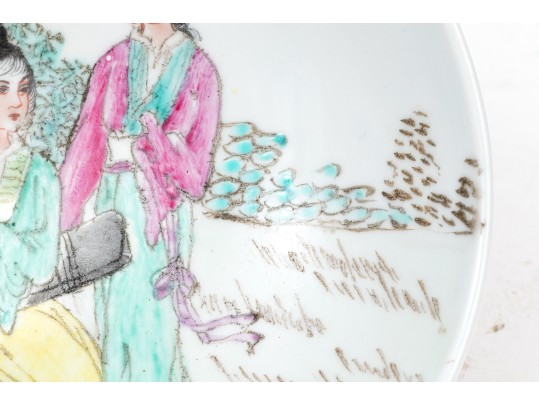 Beautiful Famille Rose Pedestal Bowl With Maidens In An Architectural Landscape