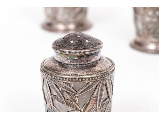 Four Sterling And Glass Bamboo Spice Shakers