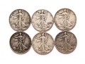 Six Walking Liberty Half Dollars, Circulated