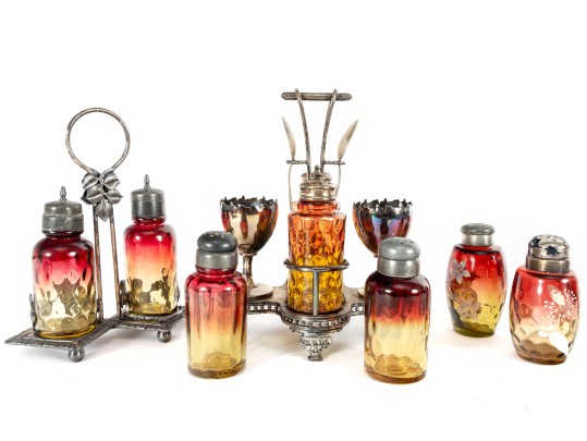 Amberina Coin Depression Glass Cruets And Spice Shakers