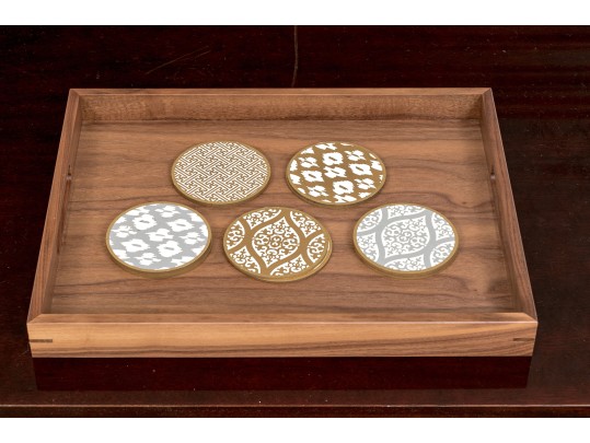 Decorative Crate And Barrel Wooden Tray With Assorted 12 Coasters