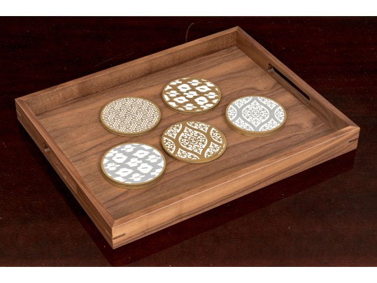 Decorative Crate And Barrel Wooden Tray With Assorted 12 Coasters
