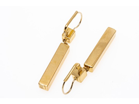 18k Yellow Gold Contemporary Block Motif Drop Pendant Earrings