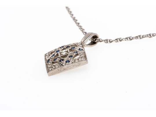 14K White Gold Diamond And Sapphire Lozenge Pendant And Chain
