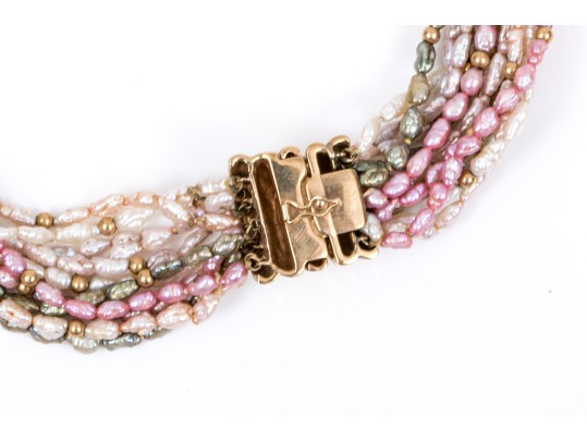 Fantastic 14K Multi Stranded Pink, Green And White Keshi Pearl Necklace