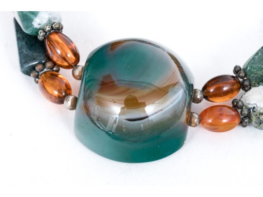 Collection Of Hard Stone Necklaces, Bracelet And Brooch