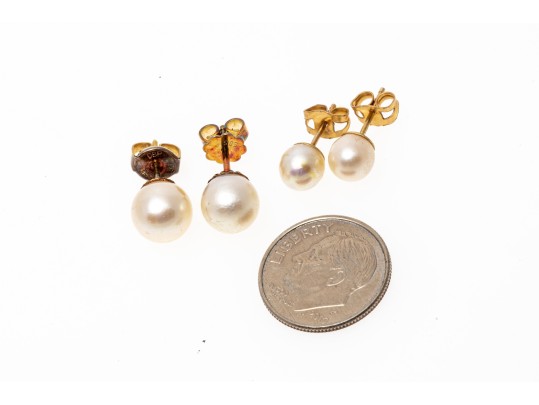 Two Pairs Of 14K Pearl Stud Classic Earrings