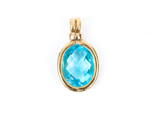 18k Yellow Gold Fabulous Blue Topaz Double Sided Checkerboard Cushion Pendant