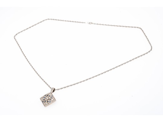 14K White Gold Diamond And Sapphire Lozenge Pendant And Chain