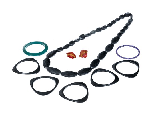 Collection Of Bakelite Bangles, Necklace And Earrings