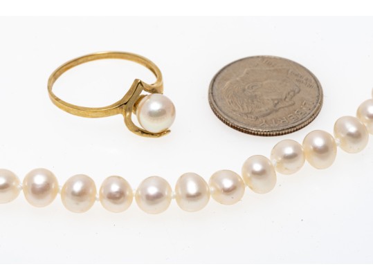 10K Freshwater Pearl Necklace And Ring, Size 5.75+