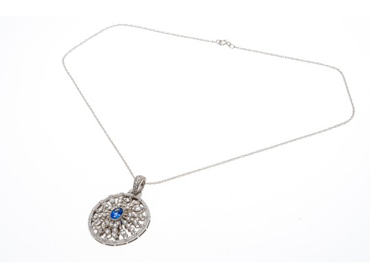 Sterling Blue And White Sapphire Disk Pendant Necklace