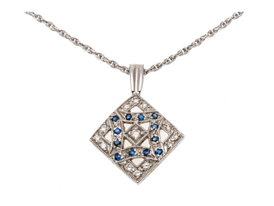 14K White Gold Diamond And Sapphire Lozenge Pendant And Chain