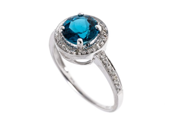 14K White Gold Beautiful London Blue Topaz & Diamond Halo RIng, Size 7