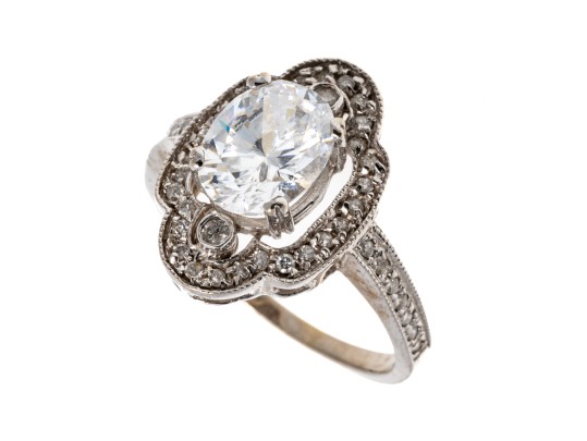 Elegant 14K White Gold Diamond And Zirconia Ring, Size 7.75