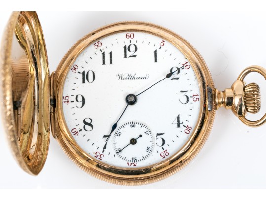 Waltham Pretty Antique 14k Yellow Gold Decorative Hunting Case Pendant Watch, Circa 1900