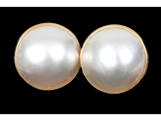 14k Yellow Gold Classic Cultured Mabe Pearl Earrings With 18k White Gold Clutches