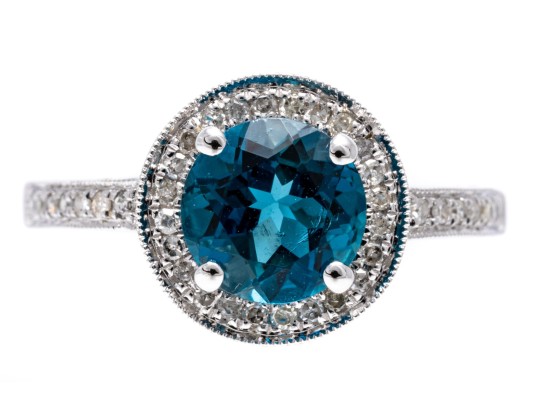 14K White Gold Beautiful London Blue Topaz & Diamond Halo RIng, Size 7
