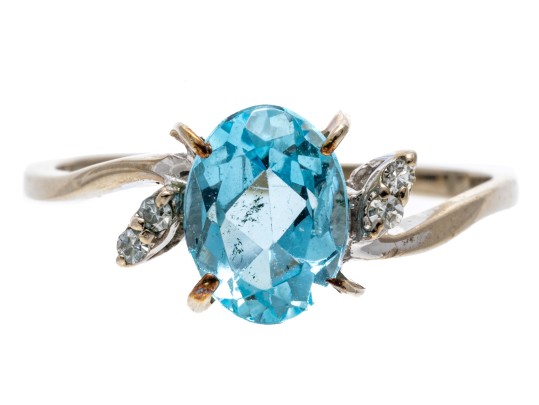 Fantastic Aquamarine And Diamond 14K White Gold Ring, Size 7+