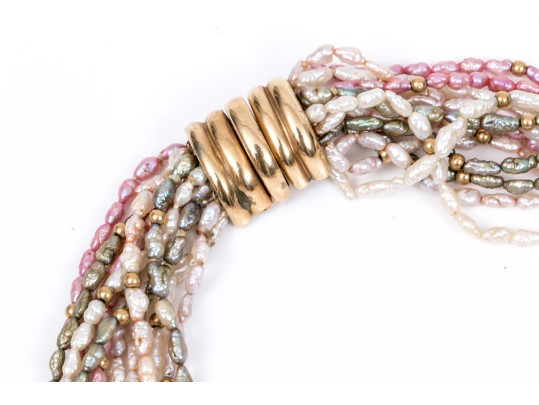 Fantastic 14K Multi Stranded Pink, Green And White Keshi Pearl Necklace