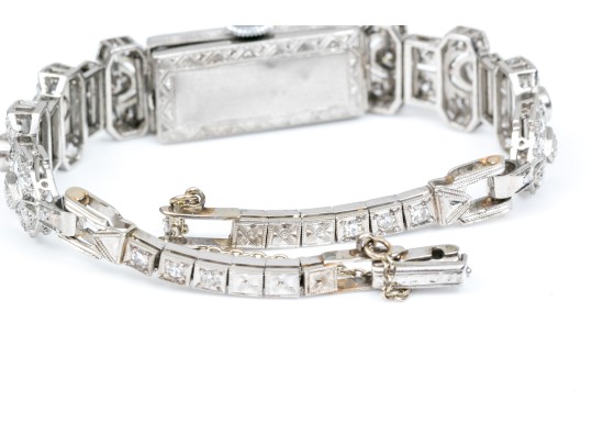 Antique 14K White Gold And Diamond Mechanical Watch