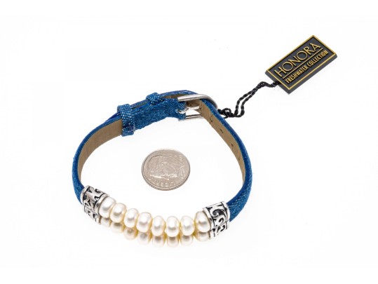Honora Fun White Cultured Freshwater Pearl And Denim Strap Bracelet