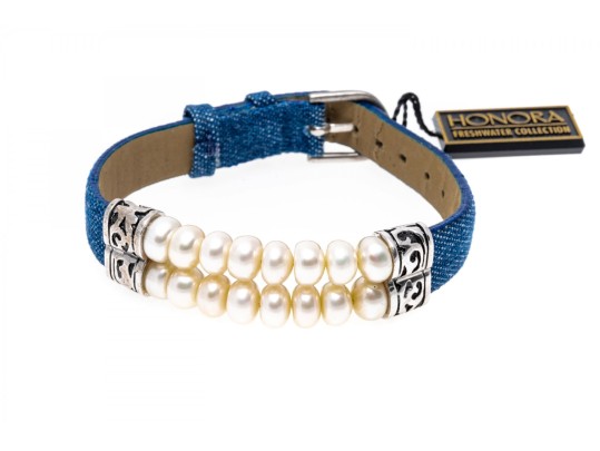 Honora Fun White Cultured Freshwater Pearl And Denim Strap Bracelet