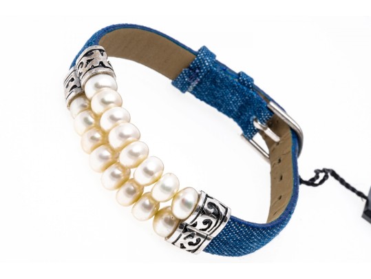 Honora Fun White Cultured Freshwater Pearl And Denim Strap Bracelet